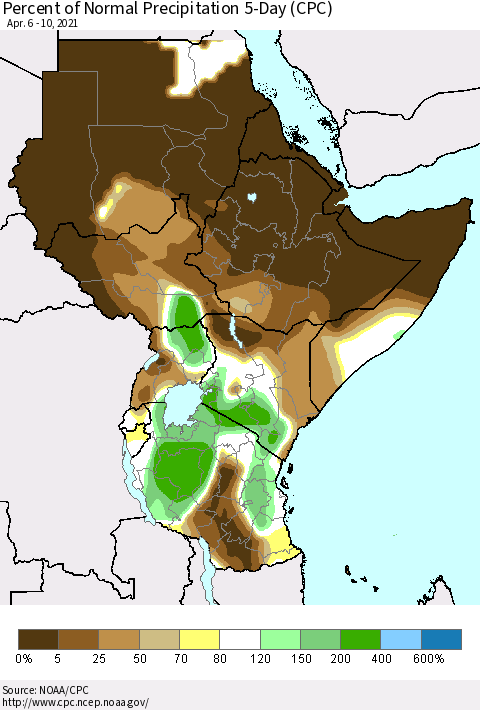 Eastern Africa Percent of Normal Precipitation 5-Day (CPC) Thematic Map For 4/6/2021 - 4/10/2021