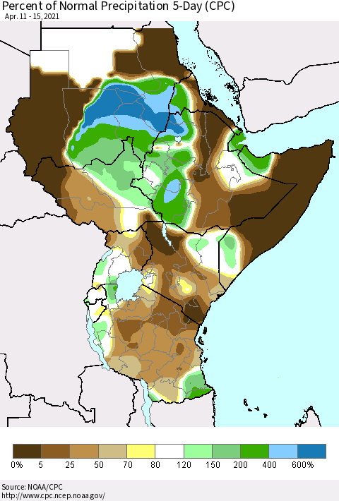 Eastern Africa Percent of Normal Precipitation 5-Day (CPC) Thematic Map For 4/11/2021 - 4/15/2021