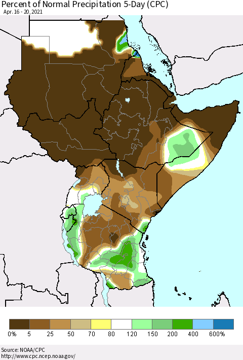 Eastern Africa Percent of Normal Precipitation 5-Day (CPC) Thematic Map For 4/16/2021 - 4/20/2021