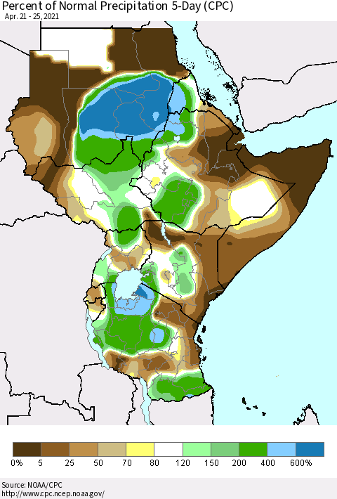 Eastern Africa Percent of Normal Precipitation 5-Day (CPC) Thematic Map For 4/21/2021 - 4/25/2021