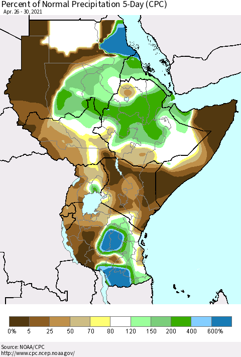 Eastern Africa Percent of Normal Precipitation 5-Day (CPC) Thematic Map For 4/26/2021 - 4/30/2021