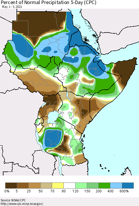 Eastern Africa Percent of Normal Precipitation 5-Day (CPC) Thematic Map For 5/1/2021 - 5/5/2021