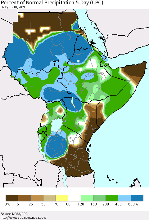 Eastern Africa Percent of Normal Precipitation 5-Day (CPC) Thematic Map For 5/6/2021 - 5/10/2021