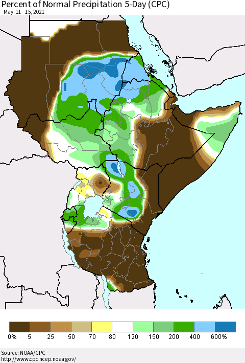Eastern Africa Percent of Normal Precipitation 5-Day (CPC) Thematic Map For 5/11/2021 - 5/15/2021