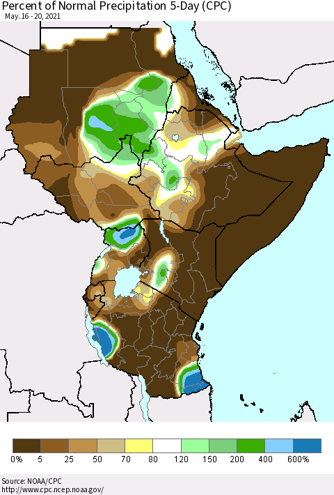Eastern Africa Percent of Normal Precipitation 5-Day (CPC) Thematic Map For 5/16/2021 - 5/20/2021