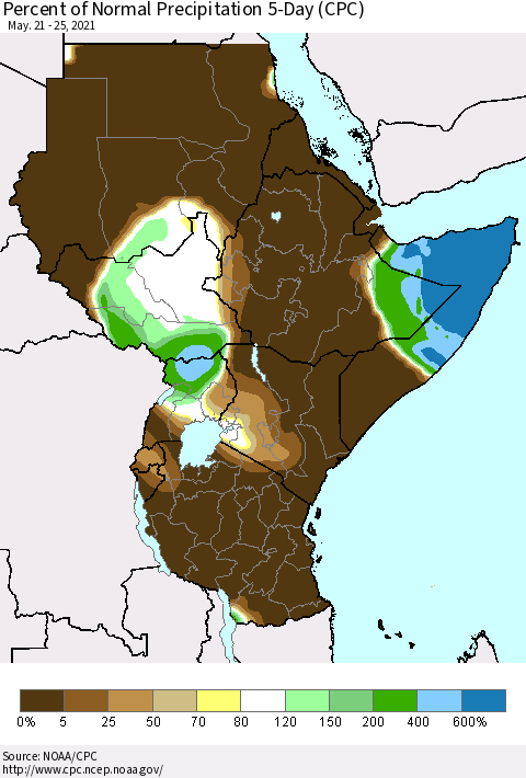 Eastern Africa Percent of Normal Precipitation 5-Day (CPC) Thematic Map For 5/21/2021 - 5/25/2021