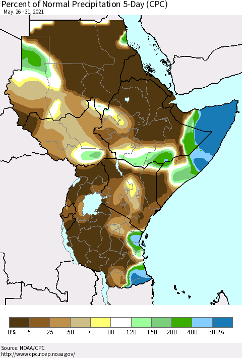 Eastern Africa Percent of Normal Precipitation 5-Day (CPC) Thematic Map For 5/26/2021 - 5/31/2021