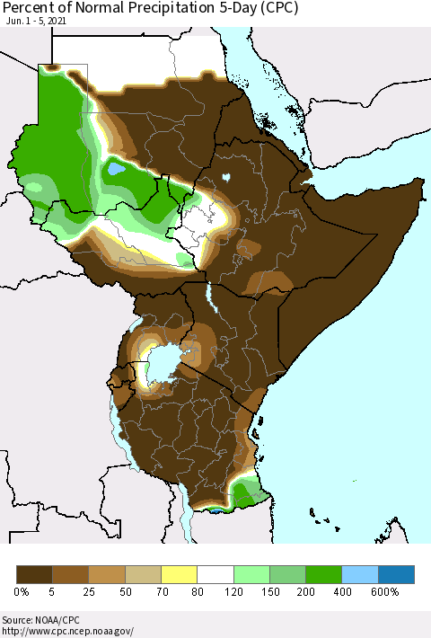 Eastern Africa Percent of Normal Precipitation 5-Day (CPC) Thematic Map For 6/1/2021 - 6/5/2021