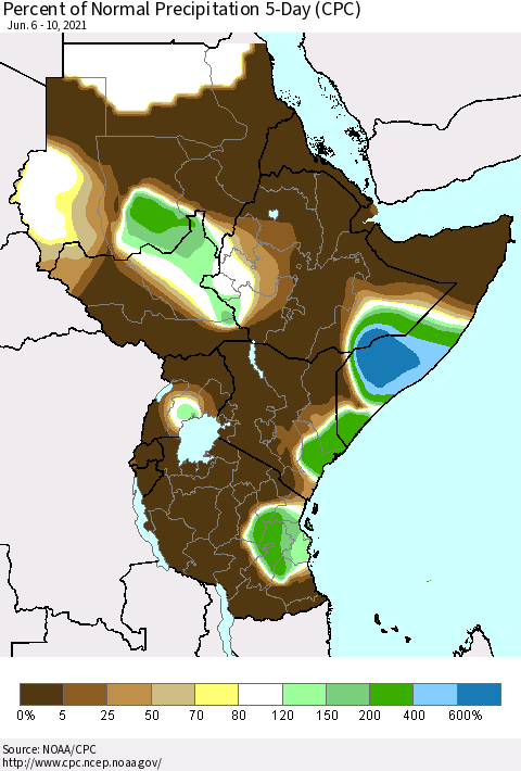 Eastern Africa Percent of Normal Precipitation 5-Day (CPC) Thematic Map For 6/6/2021 - 6/10/2021