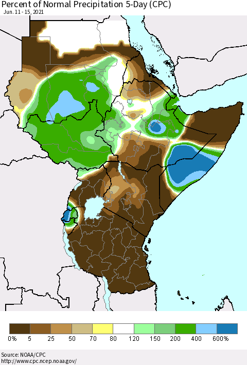 Eastern Africa Percent of Normal Precipitation 5-Day (CPC) Thematic Map For 6/11/2021 - 6/15/2021