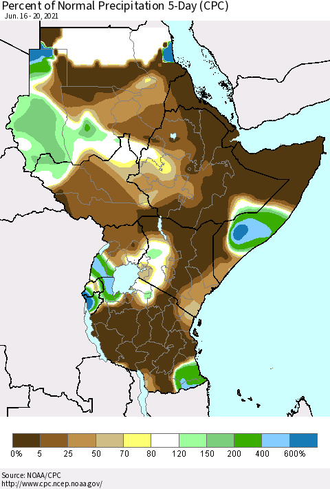 Eastern Africa Percent of Normal Precipitation 5-Day (CPC) Thematic Map For 6/16/2021 - 6/20/2021