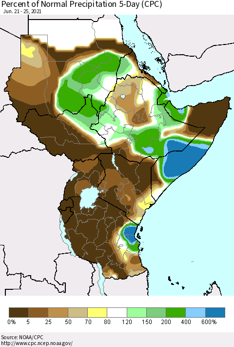 Eastern Africa Percent of Normal Precipitation 5-Day (CPC) Thematic Map For 6/21/2021 - 6/25/2021