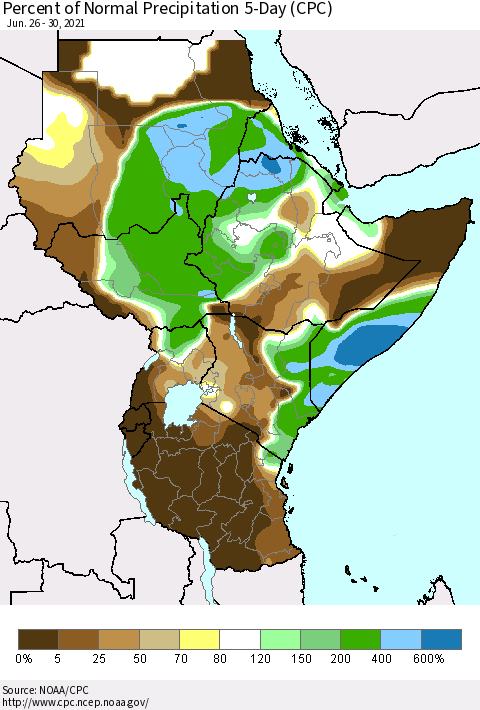 Eastern Africa Percent of Normal Precipitation 5-Day (CPC) Thematic Map For 6/26/2021 - 6/30/2021