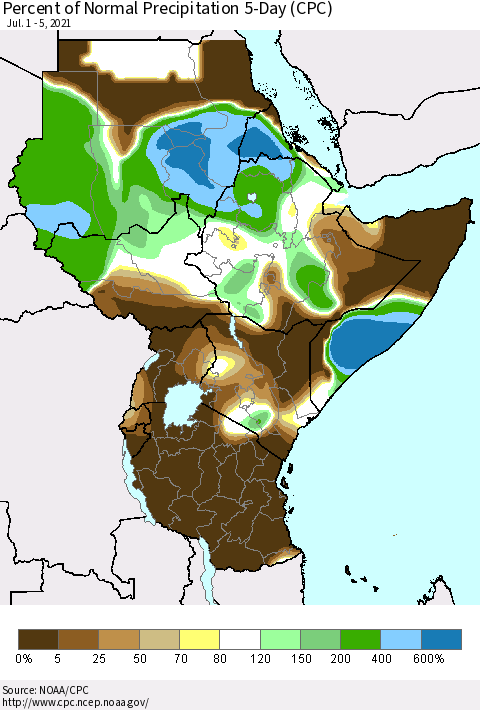 Eastern Africa Percent of Normal Precipitation 5-Day (CPC) Thematic Map For 7/1/2021 - 7/5/2021