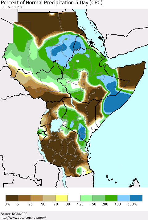 Eastern Africa Percent of Normal Precipitation 5-Day (CPC) Thematic Map For 7/6/2021 - 7/10/2021
