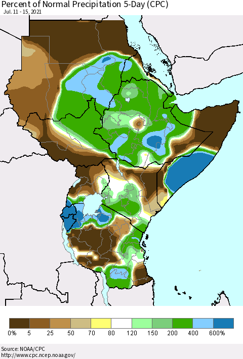 Eastern Africa Percent of Normal Precipitation 5-Day (CPC) Thematic Map For 7/11/2021 - 7/15/2021