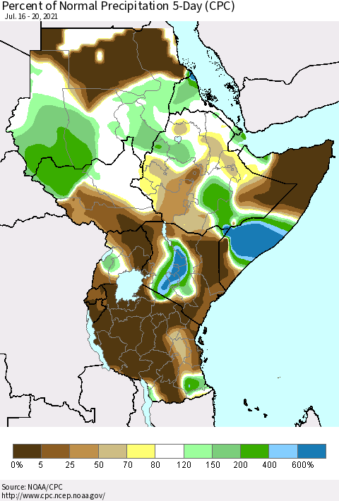 Eastern Africa Percent of Normal Precipitation 5-Day (CPC) Thematic Map For 7/16/2021 - 7/20/2021