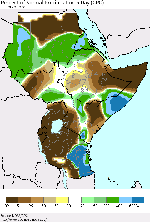 Eastern Africa Percent of Normal Precipitation 5-Day (CPC) Thematic Map For 7/21/2021 - 7/25/2021