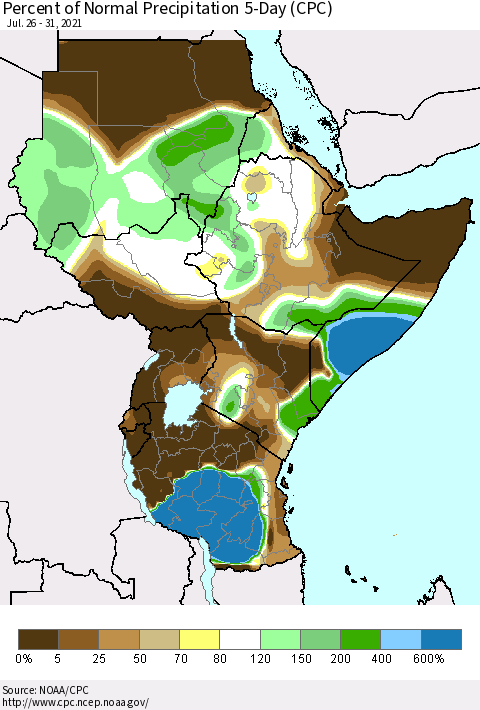 Eastern Africa Percent of Normal Precipitation 5-Day (CPC) Thematic Map For 7/26/2021 - 7/31/2021