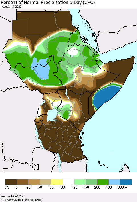 Eastern Africa Percent of Normal Precipitation 5-Day (CPC) Thematic Map For 8/1/2021 - 8/5/2021
