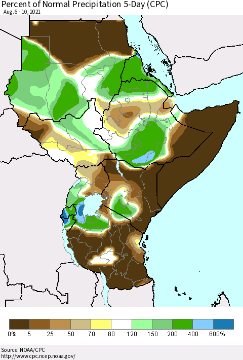 Eastern Africa Percent of Normal Precipitation 5-Day (CPC) Thematic Map For 8/6/2021 - 8/10/2021