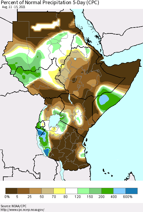 Eastern Africa Percent of Normal Precipitation 5-Day (CPC) Thematic Map For 8/11/2021 - 8/15/2021