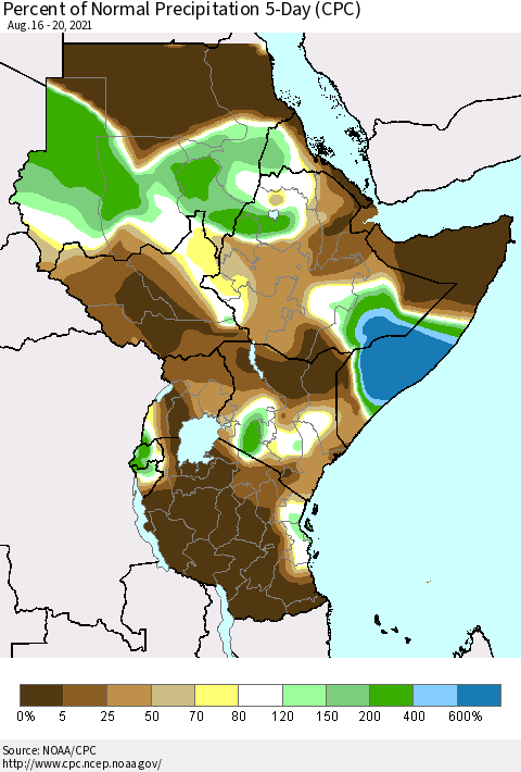 Eastern Africa Percent of Normal Precipitation 5-Day (CPC) Thematic Map For 8/16/2021 - 8/20/2021