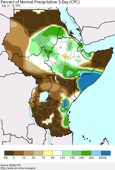 Eastern Africa Percent of Normal Precipitation 5-Day (CPC) Thematic Map For 8/21/2021 - 8/25/2021