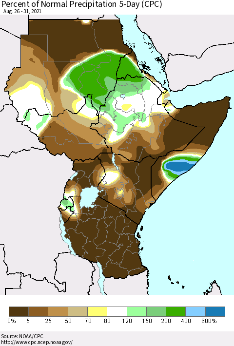 Eastern Africa Percent of Normal Precipitation 5-Day (CPC) Thematic Map For 8/26/2021 - 8/31/2021