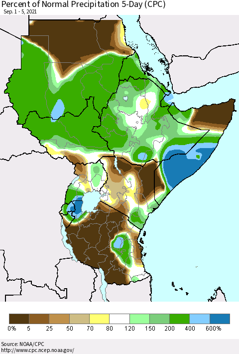 Eastern Africa Percent of Normal Precipitation 5-Day (CPC) Thematic Map For 9/1/2021 - 9/5/2021