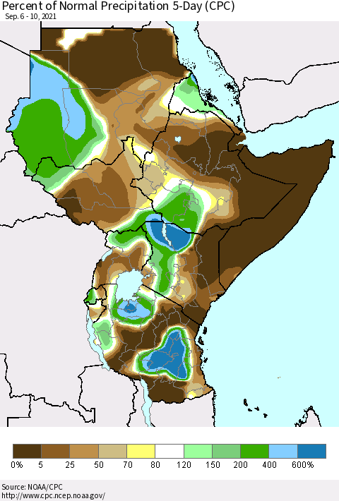 Eastern Africa Percent of Normal Precipitation 5-Day (CPC) Thematic Map For 9/6/2021 - 9/10/2021