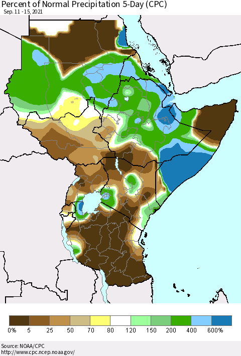 Eastern Africa Percent of Normal Precipitation 5-Day (CPC) Thematic Map For 9/11/2021 - 9/15/2021