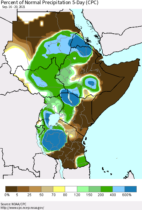 Eastern Africa Percent of Normal Precipitation 5-Day (CPC) Thematic Map For 9/16/2021 - 9/20/2021