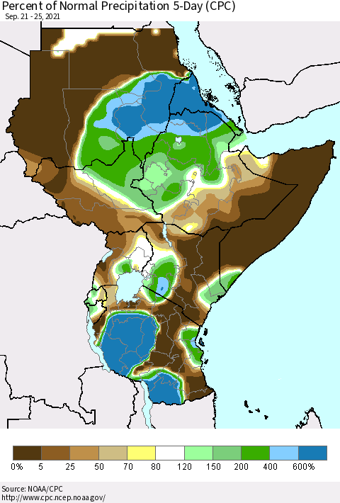 Eastern Africa Percent of Normal Precipitation 5-Day (CPC) Thematic Map For 9/21/2021 - 9/25/2021