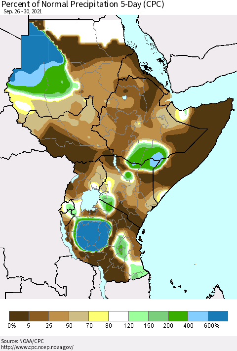 Eastern Africa Percent of Normal Precipitation 5-Day (CPC) Thematic Map For 9/26/2021 - 9/30/2021
