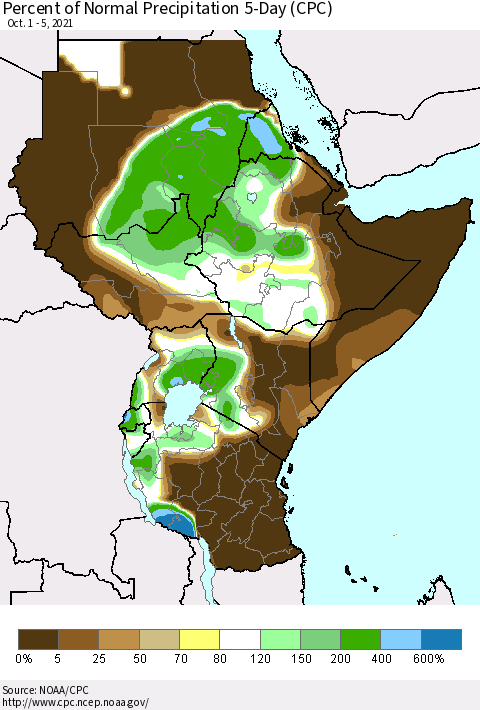 Eastern Africa Percent of Normal Precipitation 5-Day (CPC) Thematic Map For 10/1/2021 - 10/5/2021
