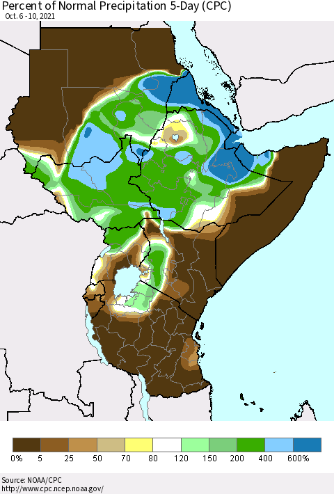 Eastern Africa Percent of Normal Precipitation 5-Day (CPC) Thematic Map For 10/6/2021 - 10/10/2021