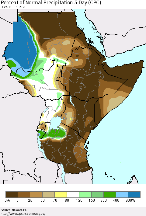 Eastern Africa Percent of Normal Precipitation 5-Day (CPC) Thematic Map For 10/11/2021 - 10/15/2021