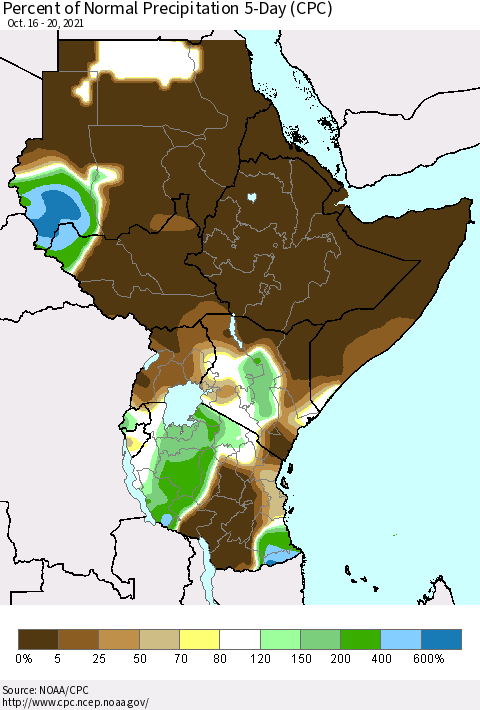 Eastern Africa Percent of Normal Precipitation 5-Day (CPC) Thematic Map For 10/16/2021 - 10/20/2021