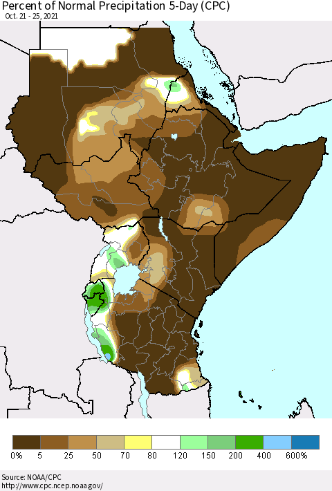 Eastern Africa Percent of Normal Precipitation 5-Day (CPC) Thematic Map For 10/21/2021 - 10/25/2021