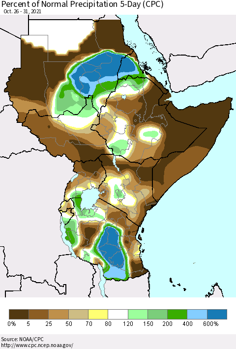 Eastern Africa Percent of Normal Precipitation 5-Day (CPC) Thematic Map For 10/26/2021 - 10/31/2021