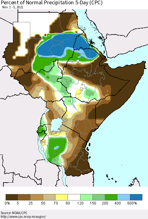 Eastern Africa Percent of Normal Precipitation 5-Day (CPC) Thematic Map For 11/1/2021 - 11/5/2021