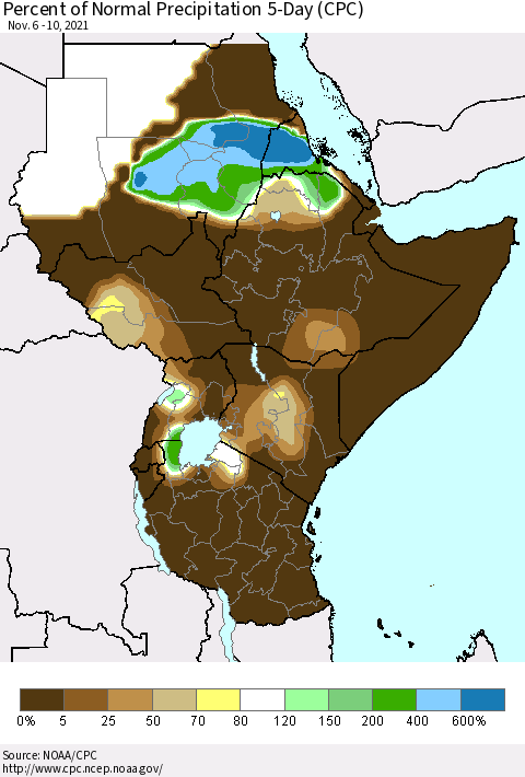 Eastern Africa Percent of Normal Precipitation 5-Day (CPC) Thematic Map For 11/6/2021 - 11/10/2021