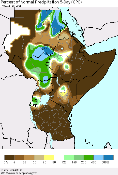 Eastern Africa Percent of Normal Precipitation 5-Day (CPC) Thematic Map For 11/11/2021 - 11/15/2021