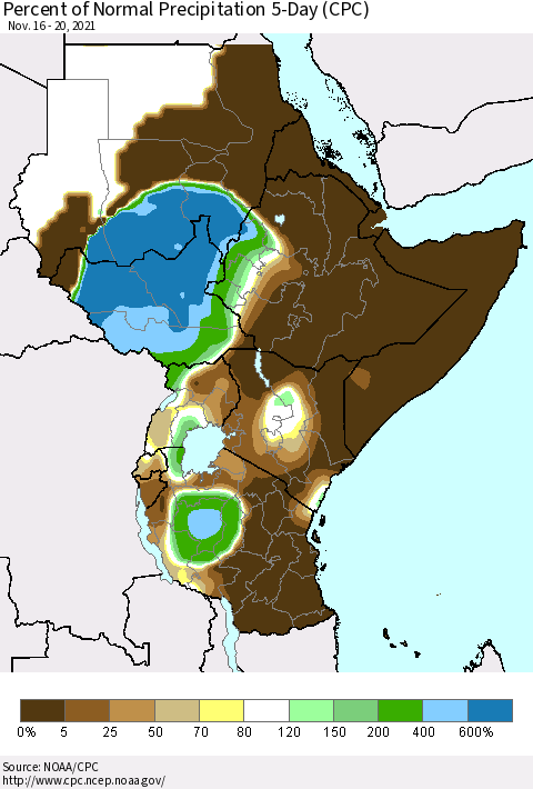 Eastern Africa Percent of Normal Precipitation 5-Day (CPC) Thematic Map For 11/16/2021 - 11/20/2021