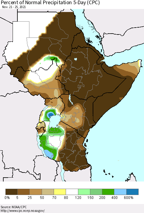 Eastern Africa Percent of Normal Precipitation 5-Day (CPC) Thematic Map For 11/21/2021 - 11/25/2021