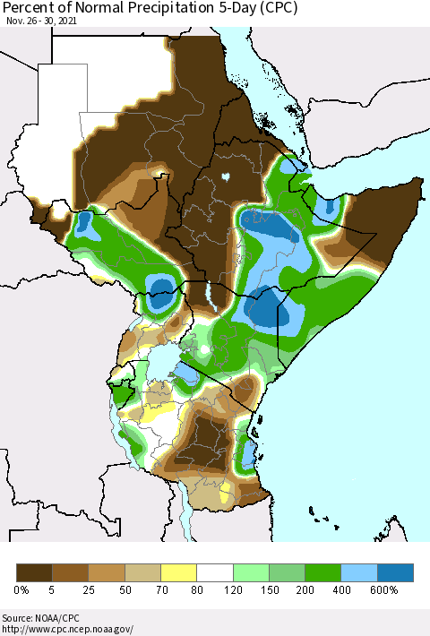 Eastern Africa Percent of Normal Precipitation 5-Day (CPC) Thematic Map For 11/26/2021 - 11/30/2021
