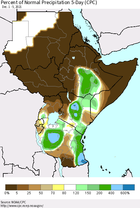 Eastern Africa Percent of Normal Precipitation 5-Day (CPC) Thematic Map For 12/1/2021 - 12/5/2021