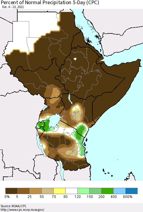 Eastern Africa Percent of Normal Precipitation 5-Day (CPC) Thematic Map For 12/6/2021 - 12/10/2021