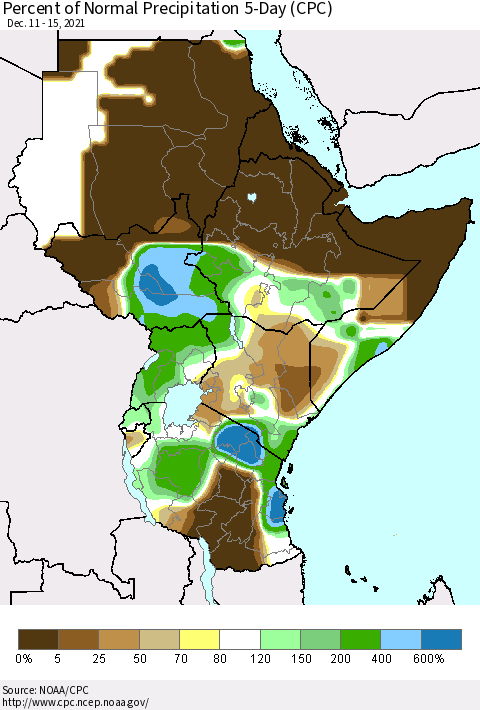 Eastern Africa Percent of Normal Precipitation 5-Day (CPC) Thematic Map For 12/11/2021 - 12/15/2021